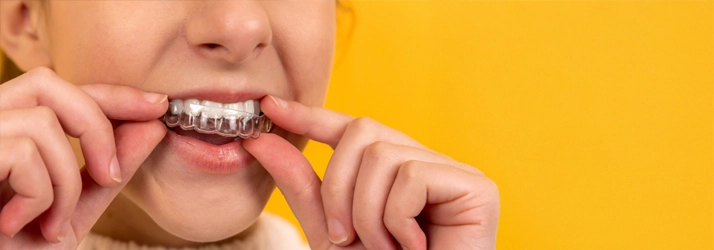 A person putting on clear aligners.