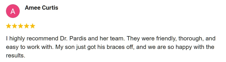 Orthodontist Ellicott City MD Review Amee 5-star Google review from Amee praising Ellicott City Orthodontics for their great team.