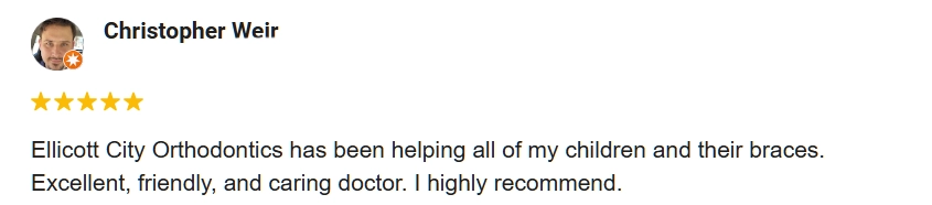Orthodontist Ellicott City MD Review Christopher 5-star Google review from Christopher praising Ellicott City Orthodontics for their excellent, friendly, and caring doctor.