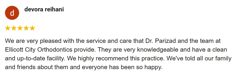Orthodontist Ellicott City MD Review Devora 5-star Google review from Devora praising Ellicott City Orthodontics for their great service and care.