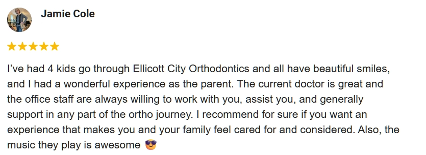 Orthodontist Ellicott City MD Review Jamie 5-star Google review from Jamie praising Ellicott City Orthodontics for the way their helped his 4 kids.