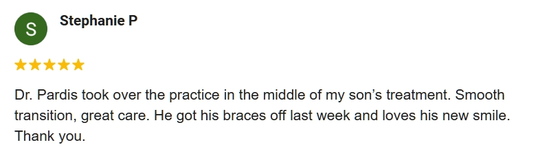 Orthodontist Ellicott City MD Review Stephanie 5-star Google review from Stephanie praising Ellicott City Orthodontics for her son's treatment.